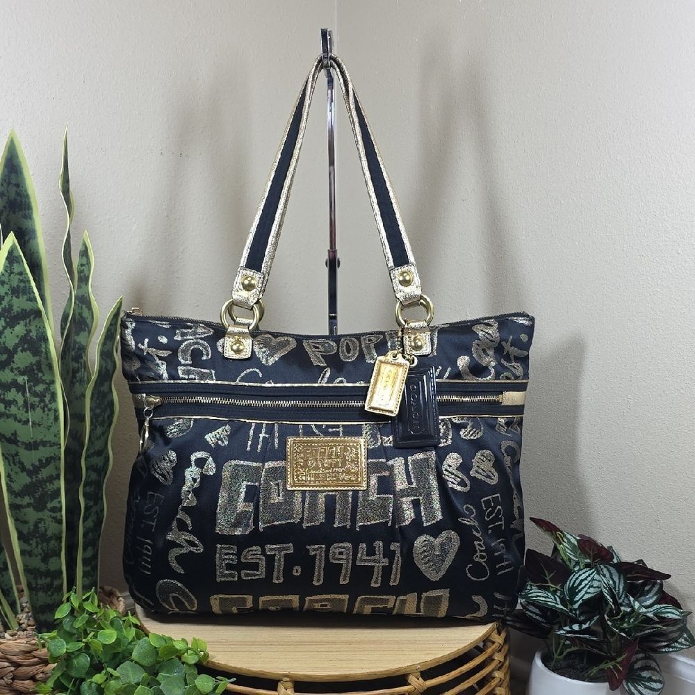 Coach RARE Black Poppy Story Patch Glam Bag with Gold Accents